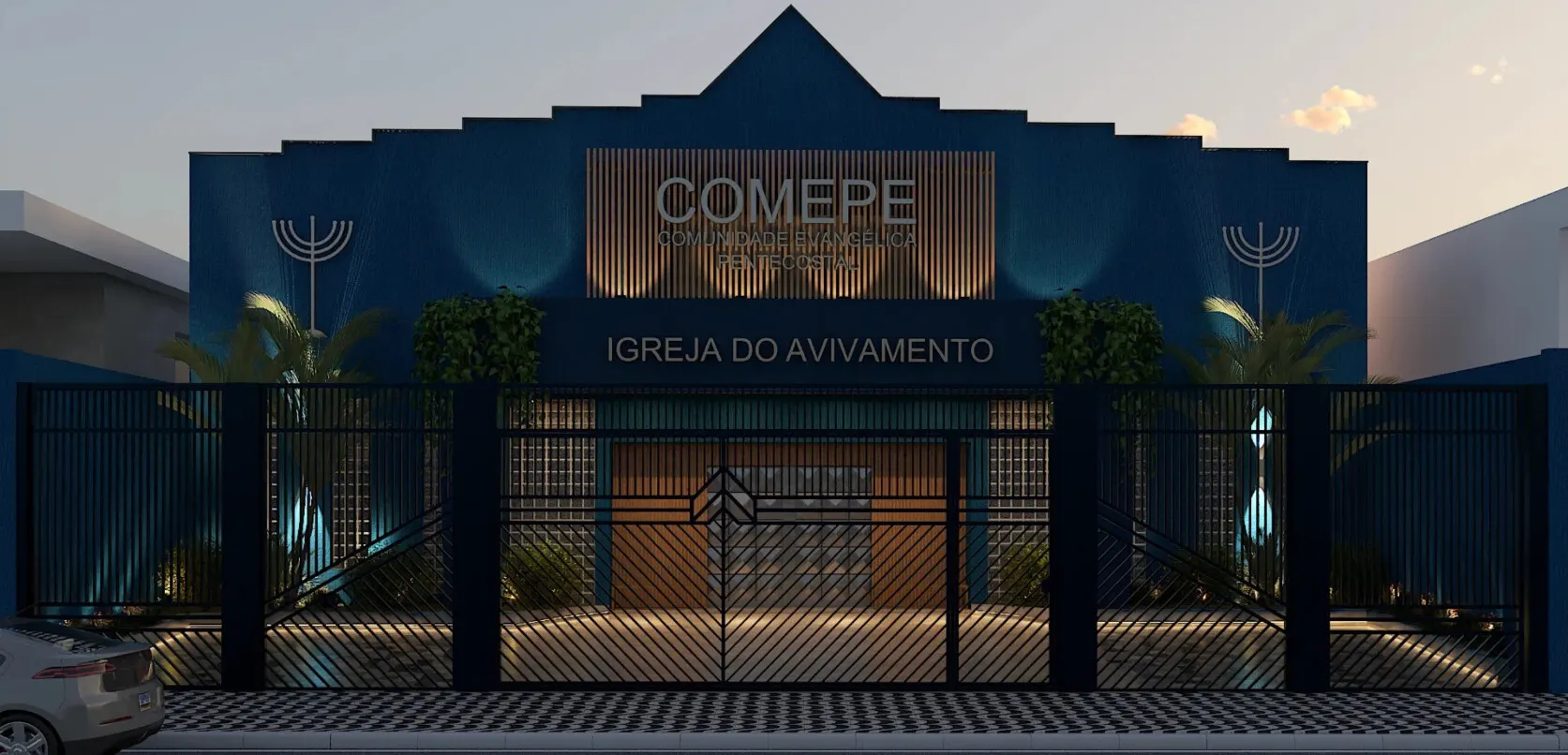 Fachada renovada, com o letreiro COMEPE no ripado amadeirado